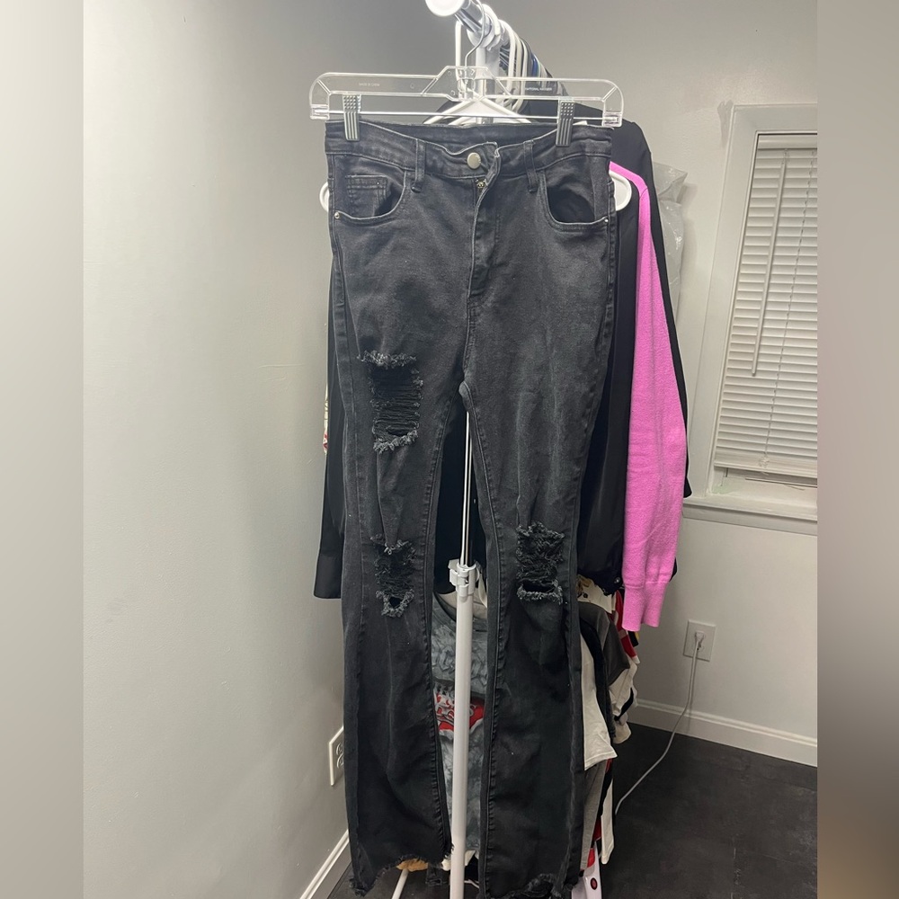 SHEIN Black Distressed Flare Jeans